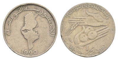 Тунис 1/2 динара 1990 KM 318 медно-никель 4513-141