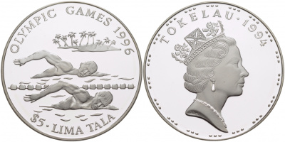 Токелау 5 тала 1994 XXVI олимпийские игры 1996 года в Атланте, плавание KM 19 серебро PROOF 04-101-21