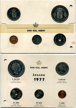 Дания набор из 5 монет 1977 Маргрете II, официальный, в картонном буклете KM MS 22 UNC 4-4-1-8