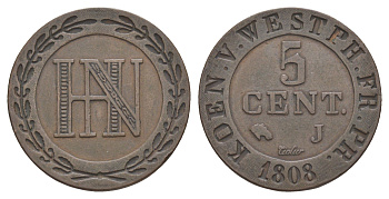 Вестфалия 5 сантимов 1808 J, Жером Бонапарт (1807-1813), из коллекции Ричарда Б. Смита Smith 298, KM 95, ASK 40 медь 1525-1121