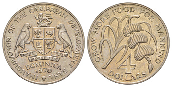 Доминика 4 доллара 1970 ФАО, в оригинальной упаковке KM 11 медно-никель BU 7-7-24