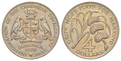 Доминика 4 доллара 1970 ФАО, в оригинальной упаковке KM 11 медно-никель BU 7-7-24