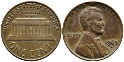 США 1 ЦЕНТ 1963 D, ЛИНКОЛЬН KM 201 медь цинк 35-163