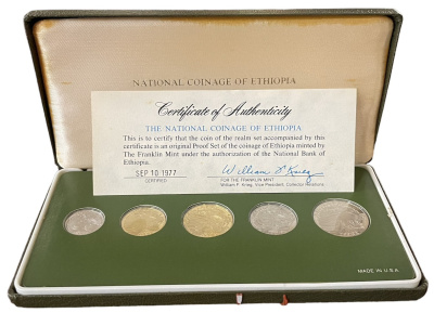 Эфиопия набор из 5 монет 1977 FM, в оригинальной коробке с сертификатом KM PS 7, KM (43.2-47.2)   PROOF  00-00