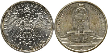 Саксония 3 марки 1913 E, 100-летие победы в битве при Лейпциге (Битве народов) J.140, Weege 136, KM 1275 серебро 1515-1214