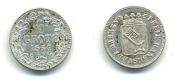 Бремен 6 гротенов 1857 KM 240, Jaeger 22, AKS 6 серебро 54-658