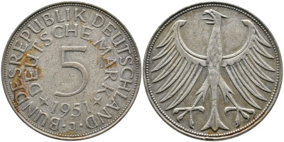ФРГ 5 марок 1951 J (Гамбург), J. 387, KM 112.1 серебро 4178-1025