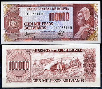 Боливия 100000 боливиано 1984 крестьянин, полевые работы Pick 171 a (2)  бумага  UNC (пресс) 447-117-2