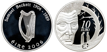 Ирландия 10 евро 2006 100 лет со дня рождения Сэмюэля Беккета, писатель, драматург, нобелевский лауреат, в оригинальной коробке с сертификатом KM 45 серебро PROOF 4-3-4-22