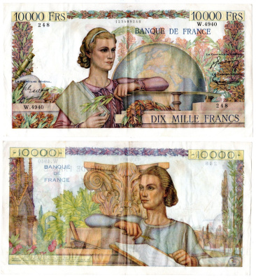 Франция 10000 франков 1953 Женщина с книгой, глобусом. Женщина с блокнотом, инструментами Pick 132 d бумага 451-1080-1