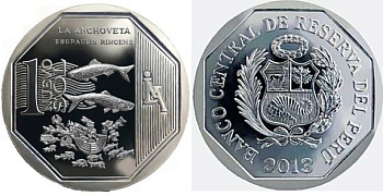 Перу 1 новый соль 2013 серия природные ресурсы Перу, анчоус KM 374 медь никель цинк  UNC  M69-10