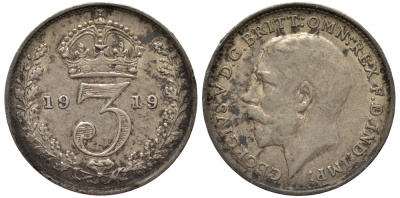 Великобритания 3 пенса 1919 Георг V (1910-1936) KM 813, Spink 4015 серебро 4528-515