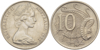 Австралия 10 центов 1982 Елизавета II (1952-), птица лирахвост KM 65 медно-никель UNC 4539-1121