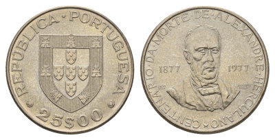 Португалия 10 эскудо 1977 100 лет со дня смерти Алешандре Эркулано KM 608 медно-никель UNC 4678-747