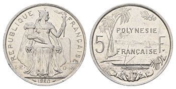Французская Полинезия 5 франков 1990 KM 12 алюминий aUNC 4672-911