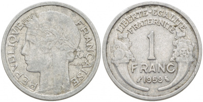 ФРАНЦИЯ 1 ФРАНК 1959 ТИП MORLON, LEGERE KM 885a.1, LE FRANC 221.23 алюминий 77-917