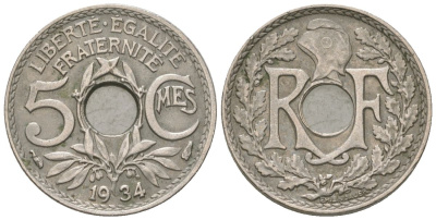 Франция 5 сантимов 1934 KM 875, Le Franc 122/17 медно-никель 4164-1138