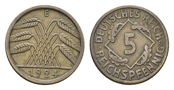 Германия 5 рейхспфеннигов 1924 E KM 39, J. 316 алюминиевая бронза 4684-1129