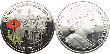 Остров Вознесения 1 крона 2014 в память героев первой мировой войны, допрос, красный мак KM NEW медно-никель, эмаль PROOF 1071-4-52