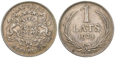 Латвия 1 лат 1924 Первая республика (1918-1939) KM 7 серебро 4561-1254