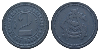 Чили, Антофагаста (Antofagasta) шахтерский жетон с Селитряного рудника для покупки в местных магазинах, номиналом в 2 песо около 1904 диаметр 40 мм, вес 4,06 гр Espinosa 22.11 эбонит (синий) 1094-11-44