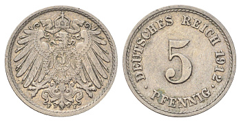 Германия 5 пфеннигов 1912 F KM 11, J. 12 медно-никель 4701-1054