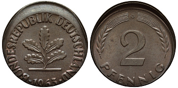 ФРГ 2 ПФЕННИГА 1963 G БРАК ЧЕКАНКИ СДВИГ ШТЕМПЕЛЯ KM 106, J.381 бронза 413-5142
