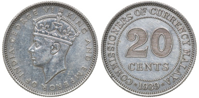 Британская Малайя 20 центов 1939 Георг VI (1937-1952) KM 5 серебро 53-424