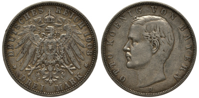 Бавария 3 марки 1908 Отто (1886-1913) Weege 45, J. 47, KM 515 серебро 3711-1841
