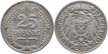 Германия 25 пфеннигов 1910 E KM 18, Weege 12, J.18 никель 00-00