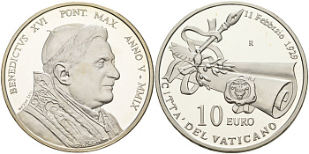 Ватикан 10 евро 2009 Бенедикт XVI, 80 лет Латеранскому договору, в оригинальной коробке, с сертификатом KM 417 серебро PROOF 7-1-53