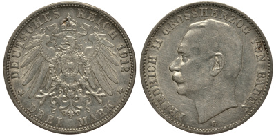 Баден 3 марки 1912 Фридрих II (1907-1918) J. 39, KM 280 серебро    3711-1731