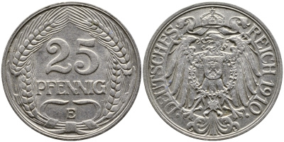 Германия 25 пфеннигов 1910 E KM 18, Weege 12, J.18 никель 00-00
