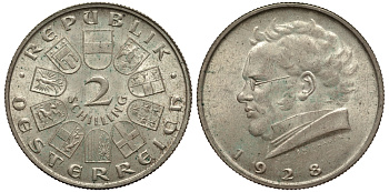 Австрия 2 шиллинга 1928 100 лет со дня смерти Франца Шуберта KM 2843 серебро 413-3014