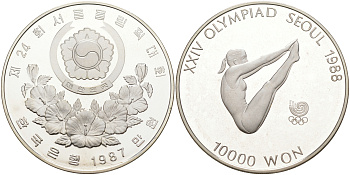 Южная Корея 10000 вон 1987 XXIV Летние Олимпийские игры в Сеуле 1988 года, прыжки в воду KM 57 серебро PROOF 1074-4-14