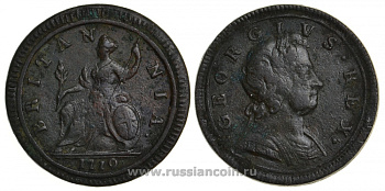 Великобритания 1/2 пенни 1719 Георг I (1714-1727) KM 557, Spink 3660 медь 413-6411