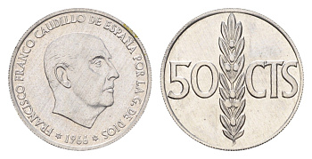 Испания 50 сентимо 1966 (71) Франсиско Франко (1939-1975) KM 795 алюминий 4684-1255