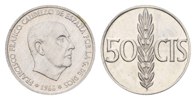 Испания 50 сентимо 1966 (71) Франсиско Франко (1939-1975) KM 795 алюминий 4684-1255