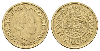Дания 20 крон 1990 Маргрете II (1972-2024) KM 871 алюминиевая бронза 119-135