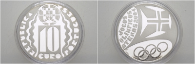 ПОРТУГАЛИЯ 10 ЕВРО 2004 ЛЕТНИЕ ОЛИМПИЙСКИЕ ИГРЫ 2004 ГОДА В АФИНАХ, СИМВОЛИКА, ТИРАЖ 15000 ЭКЗ. KM 759а серебро PROOF 01-162-11