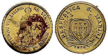 Сан-Марино 5 лир 1898 Апостол, миниатюра  золото  UNC 1521-942