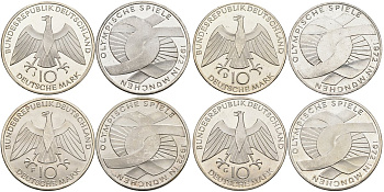 ФРГ набор из 4 монет по 10 марок 1972 XX Олимпийские игры 1972 года в Мюнхене, символика (F, J, D, G), коробка KM 131, J. 402 серебро UNC 3-4-7-26