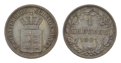 Вюртемберг 1 крейцер 1861 KM 600 серебро 4625-1012