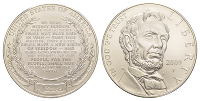 США 1 доллар 2009 P, 200 лет со дня рождения Авраама Линкольна KM 454 серебро  UNC  1079-5-61