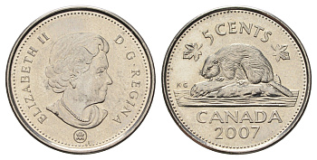 Канада 5 центов 2007 Leaf, Елизавета II (1952-2022), бобр KM 491 сталь плакированная никелем UNC 4689-511
