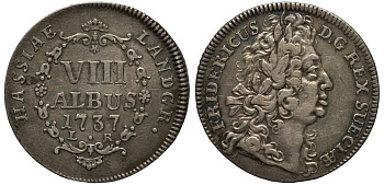 Гессен-Кассель 8 альбус (1/4 талера) 1737 LR, Фридрих I (1760-1785), тираж 13000 экз., вес 6,07 гр. Hoffmeister 2008, KM 424 серебро 00-820-39