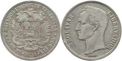 Венесуэла 5 боливаров 1926 Симон Боливар KM 24.2 серебро 1525-1213