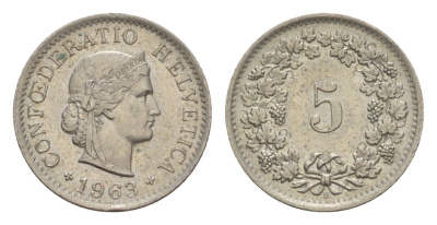 Швейцария 5 раппенов 1963 B KM 26 медно-никель 4643-353