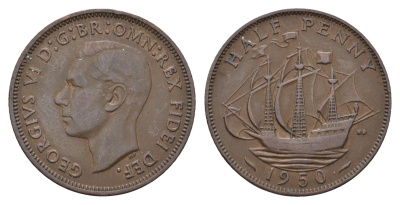 Великобритания 1/2 пенни 1950 Георг VI (1936-1952) KM 868, Spink 4118 бронза 4519-752