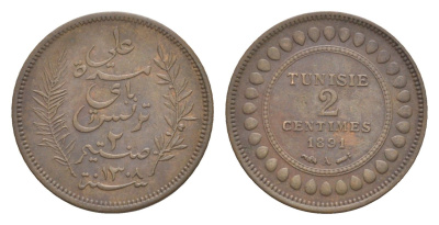 Тунис 2 сантима 1891 A KM 220 бронза 1531-1343
